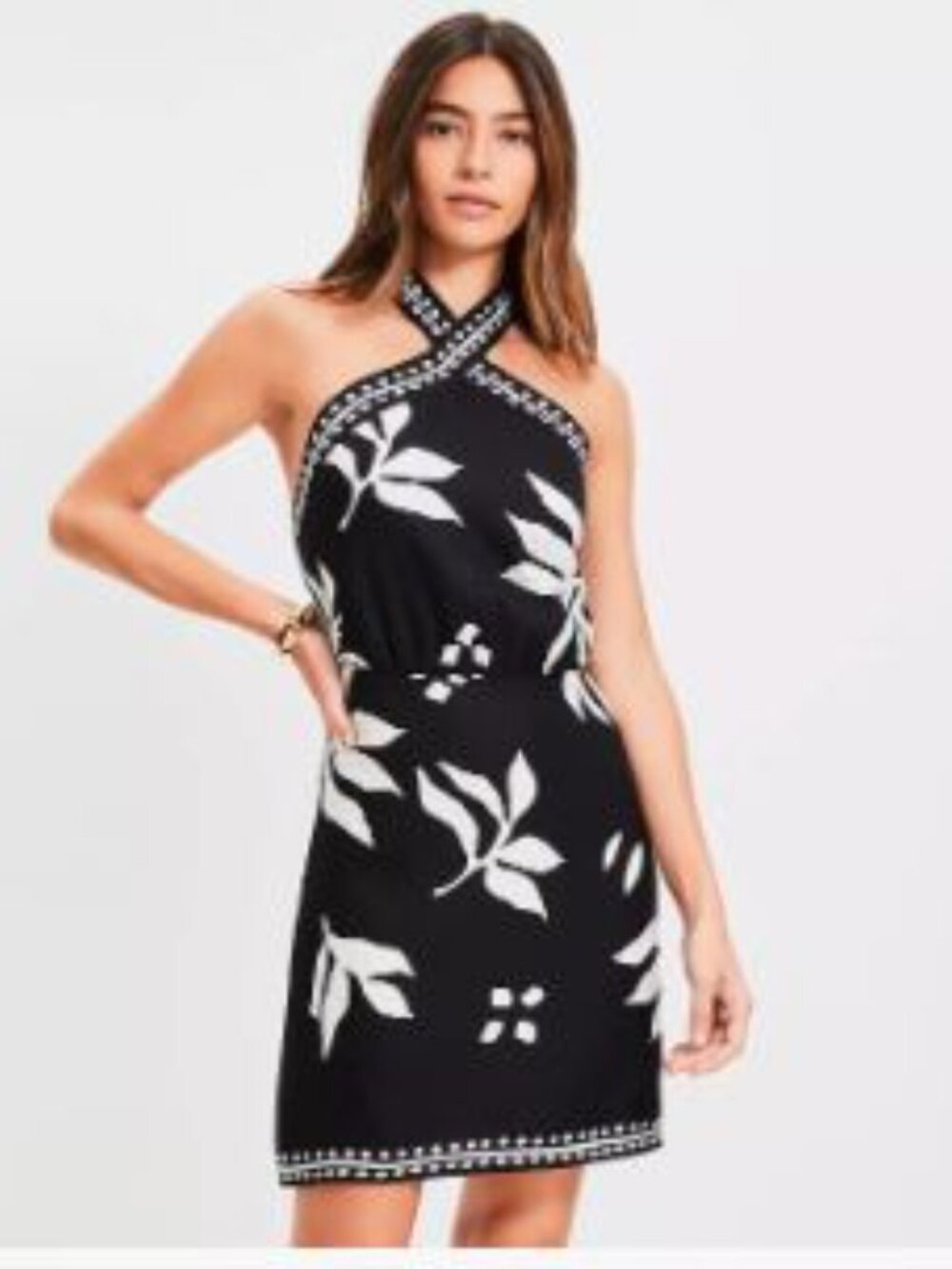 Loft Black and White Fern print Linen Blend Halter Dress - size 6 - NWT